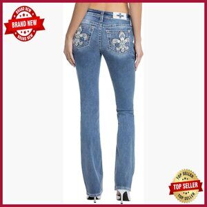 Mid-Rise Slim Bootcut Jeans with Embellished Pockets, 32 Inseam